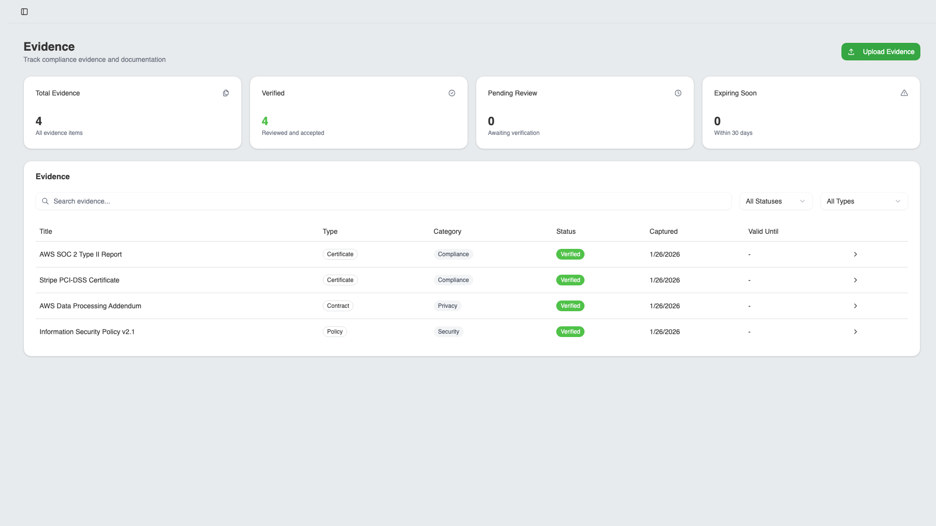 Evidence vault with linked controls and expiry tracking