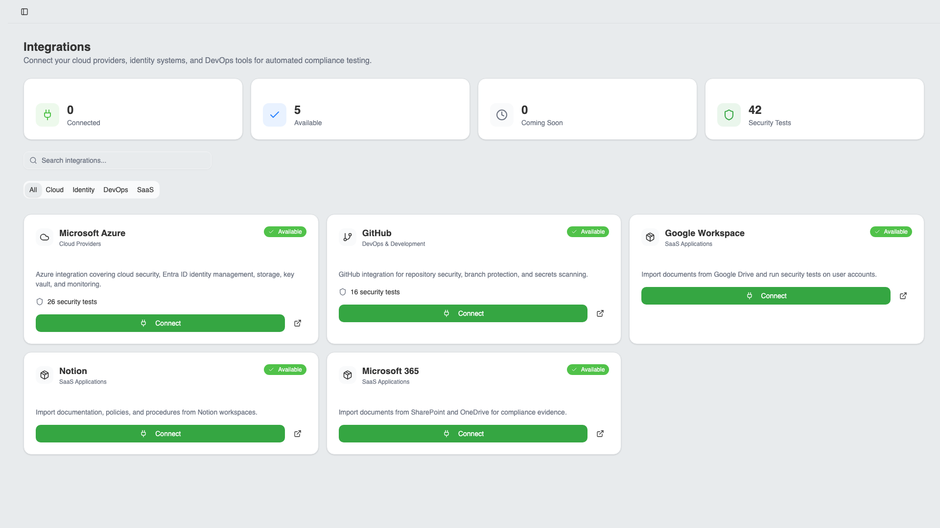 Integration tiles showing connected apps and services